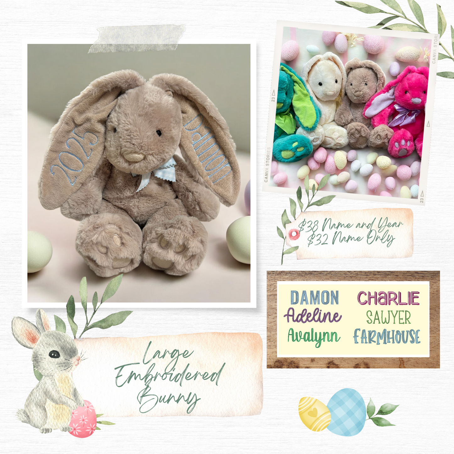 Large Embroidered Bunny Name and Year